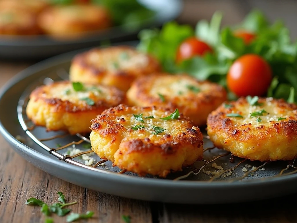Crispy reheated garlic Parmesan potato cakes with vegetables