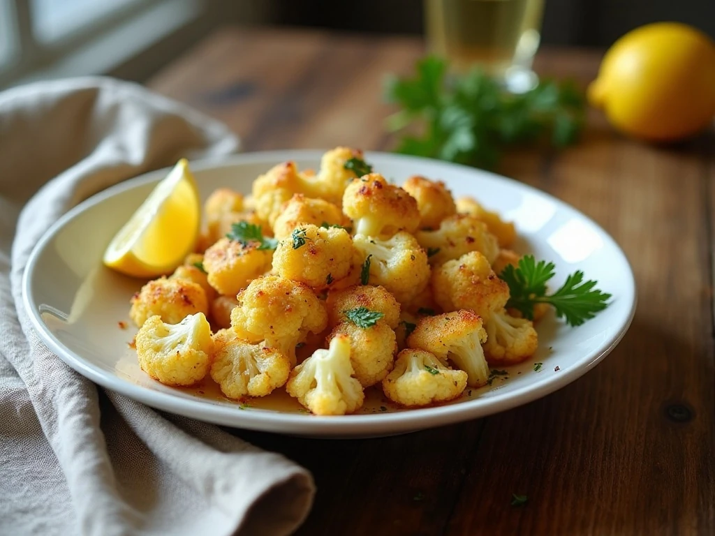 Golden garlic Parmesan roasted cauliflower served on a white platter