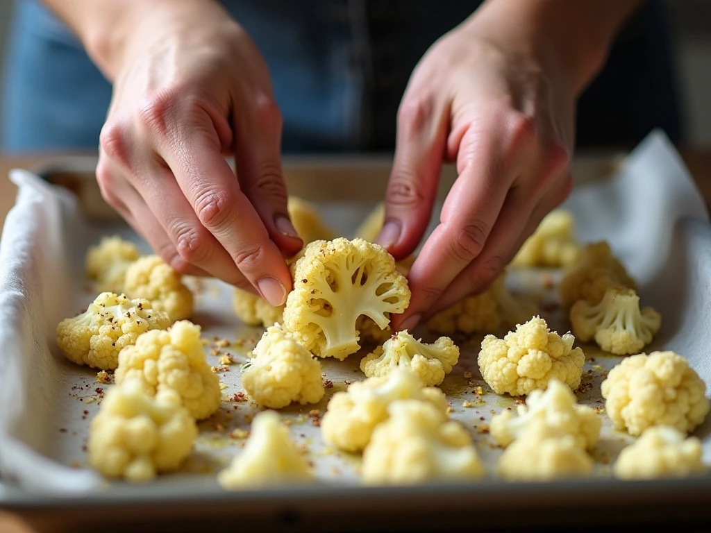 Seasoned cauliflower arranged on a baking sheet for roasting