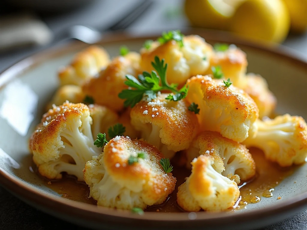 Close-up of reheated garlic Parmesan roasted cauliflower with parsley