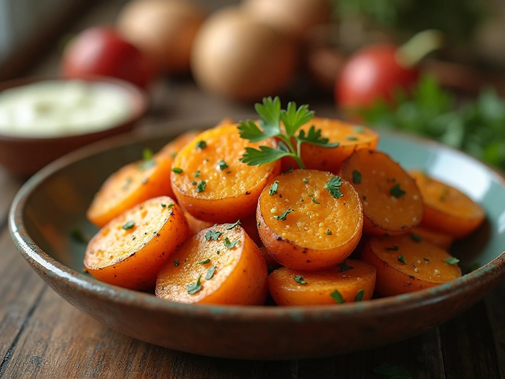 Golden garlic Parmesan roasted sweet potatoes served in a bowl