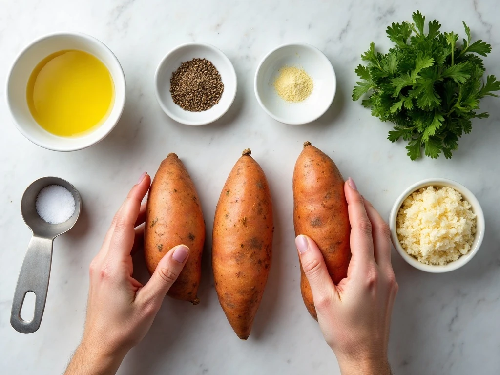 Ingredients for garlic Parmesan roasted sweet potatoes
