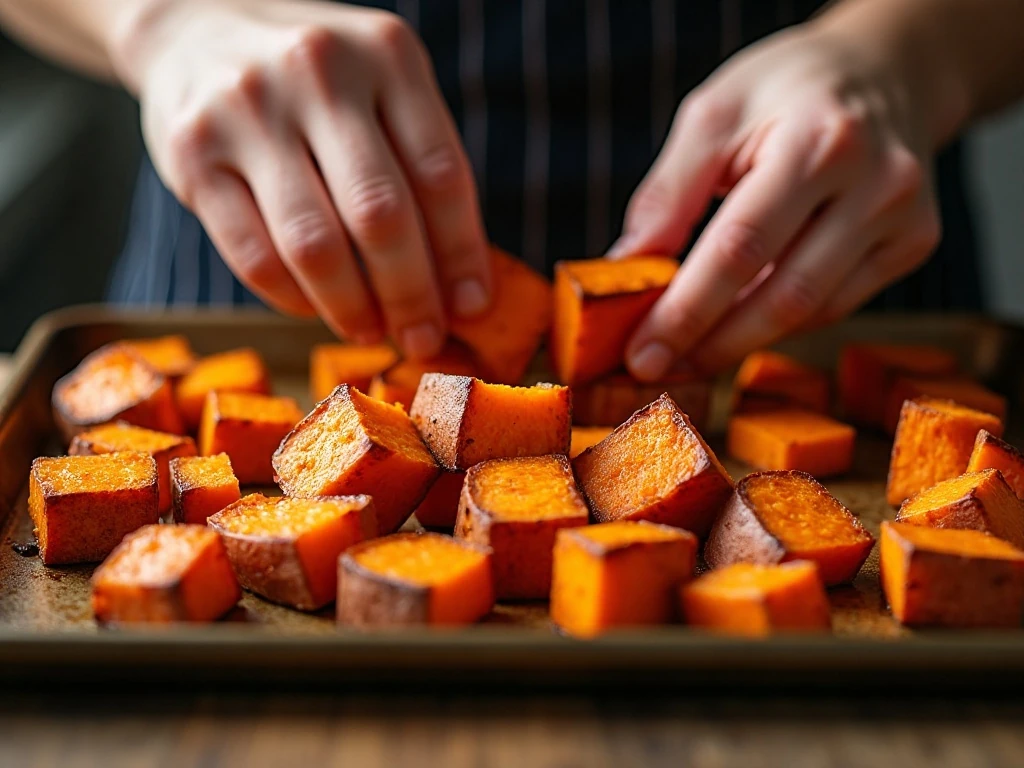 Sweet potatoes roasting with space between pieces for browning