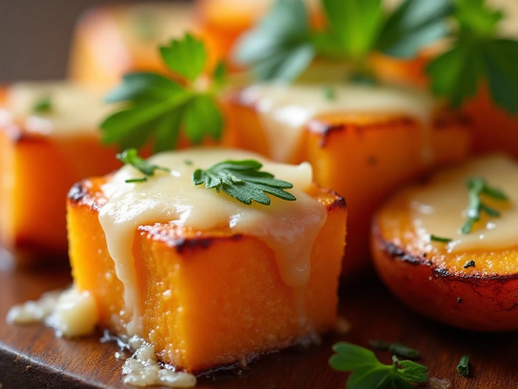 Close-up of Parmesan and parsley on roasted sweet potatoes