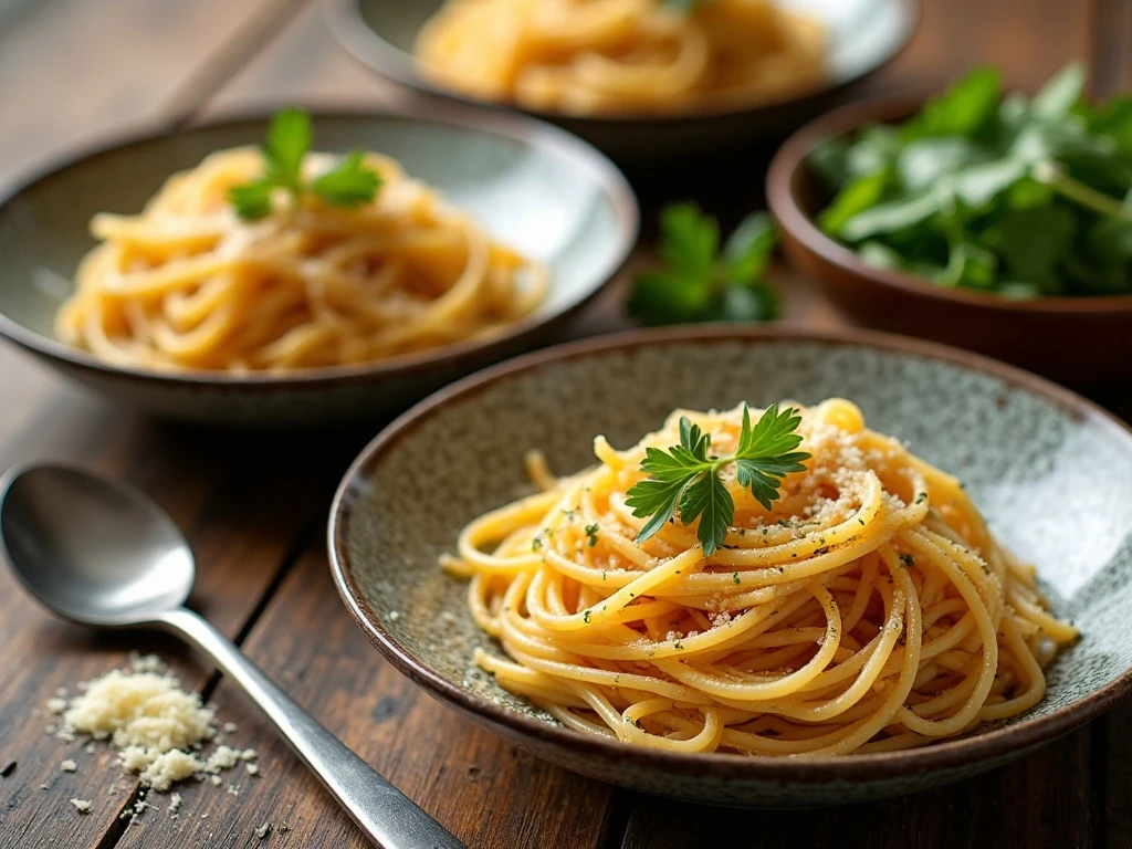 Four servings of easy garlic Parmesan spaghetti ready for dinner