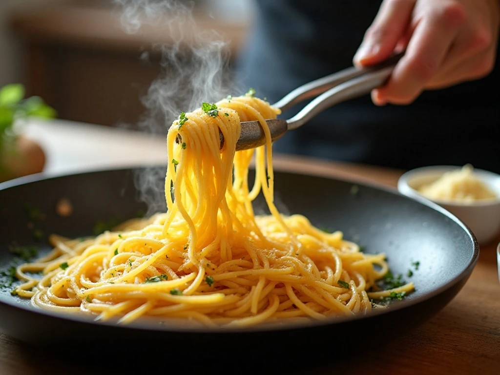 Spaghetti being tossed with garlic butter and pasta water