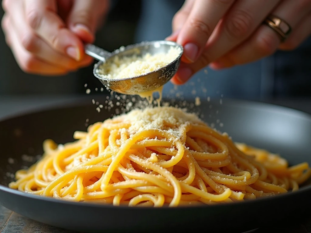 Adding Parmesan and pasta water for a silky spaghetti sauce