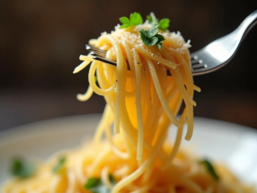 Close-up of garlic Parmesan spaghetti garnished with parsley and cheese
