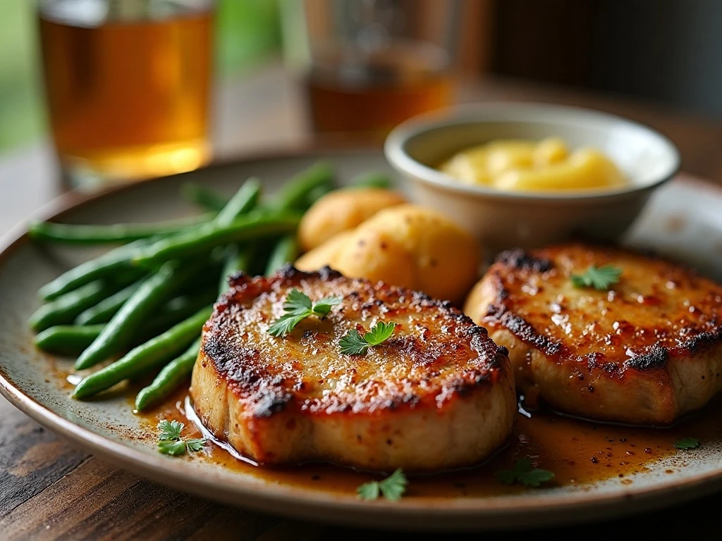 Garlic roasted pork chops served with potatoes and green beans