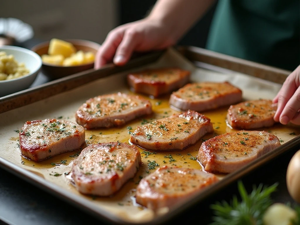 Seasoned pork chops arranged on a baking sheet