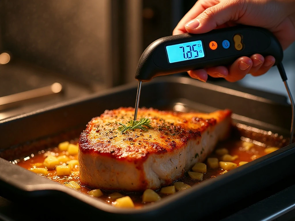 Checking pork chop temperature with an instant-read thermometer