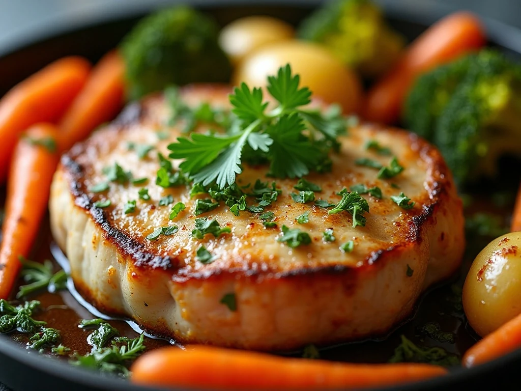 Garlic roasted pork chop garnished with parsley and vegetables