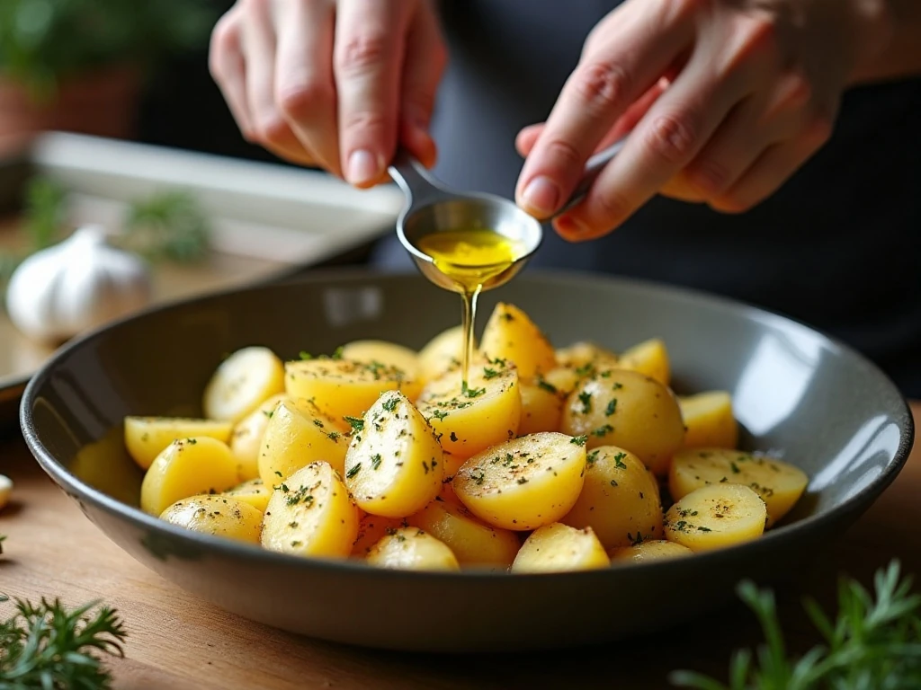 Tossing potatoes with oil and seasonings before roasting