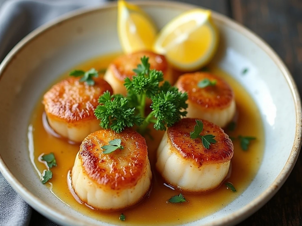 Golden garlic butter scallops served with lemon wedges and parsley