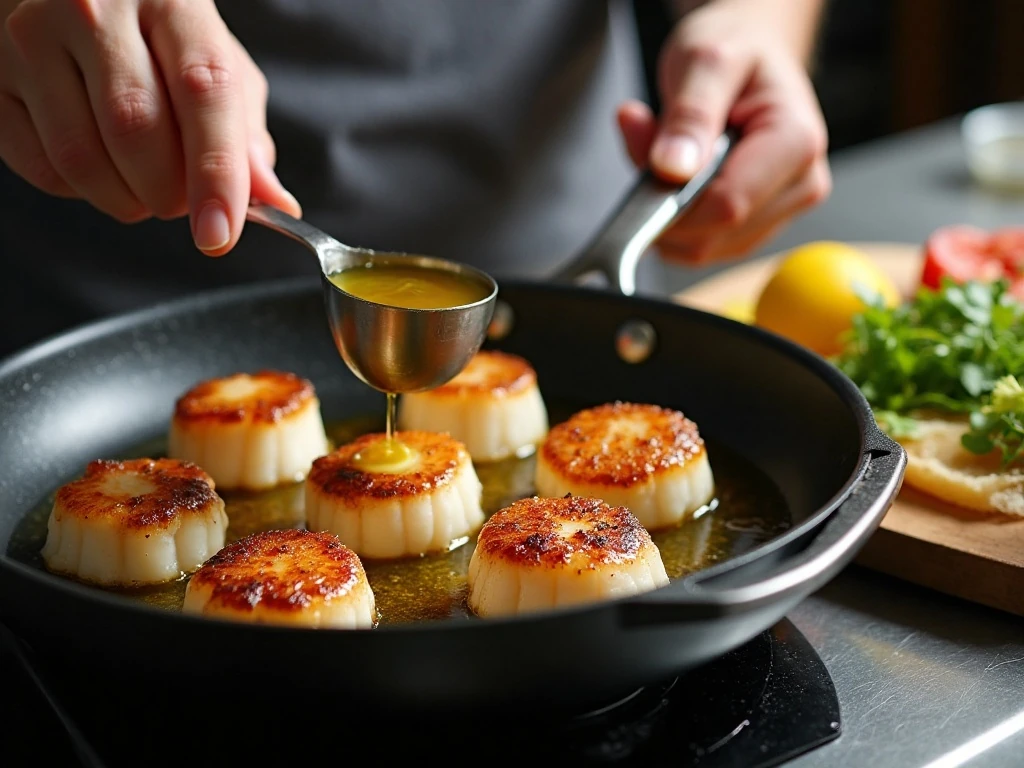 Sea scallops searing in butter and olive oil in a skillet