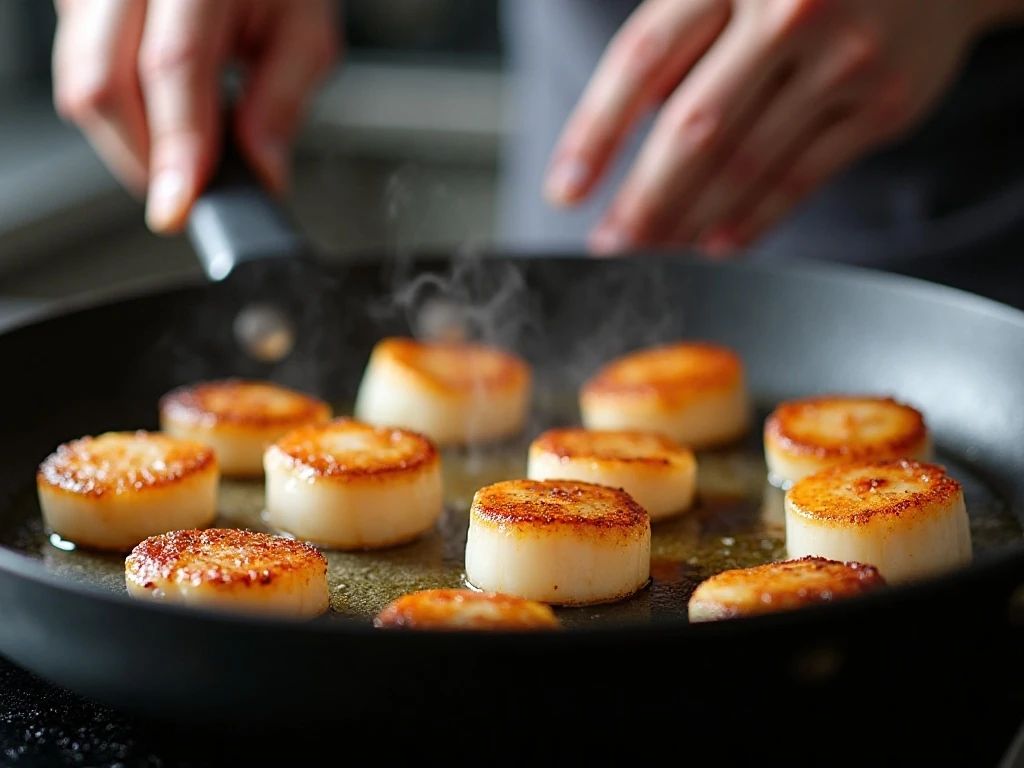 Scallops developing a golden crust in a hot skillet
