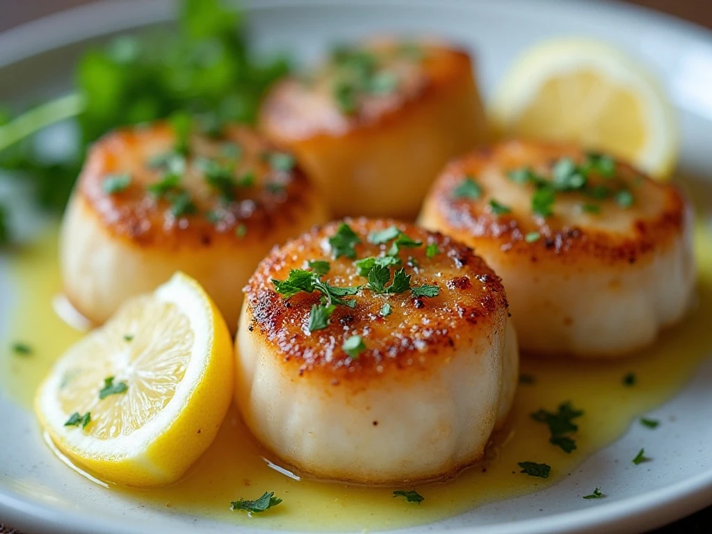 Garlic butter scallops garnished with parsley and lemon