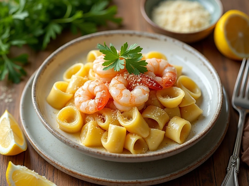 Creamy garlic shrimp tortellini served with Parmesan and lemon
