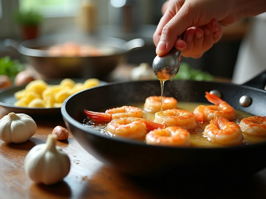 Shrimp searing in butter for garlic shrimp tortellini