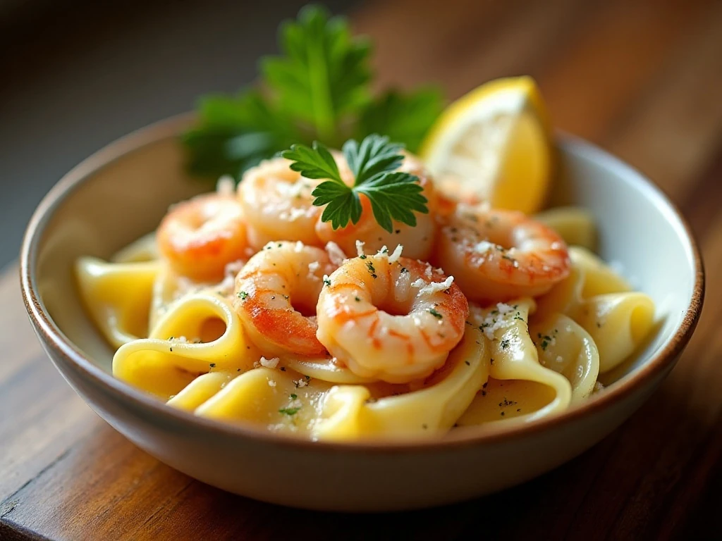Serving leftover garlic shrimp tortellini with parsley and lemon