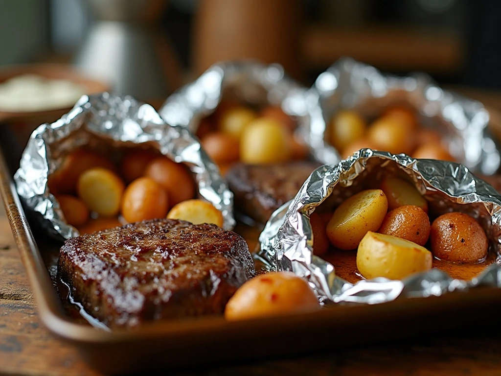 Garlic steak and potato foil packs ready for dinner
