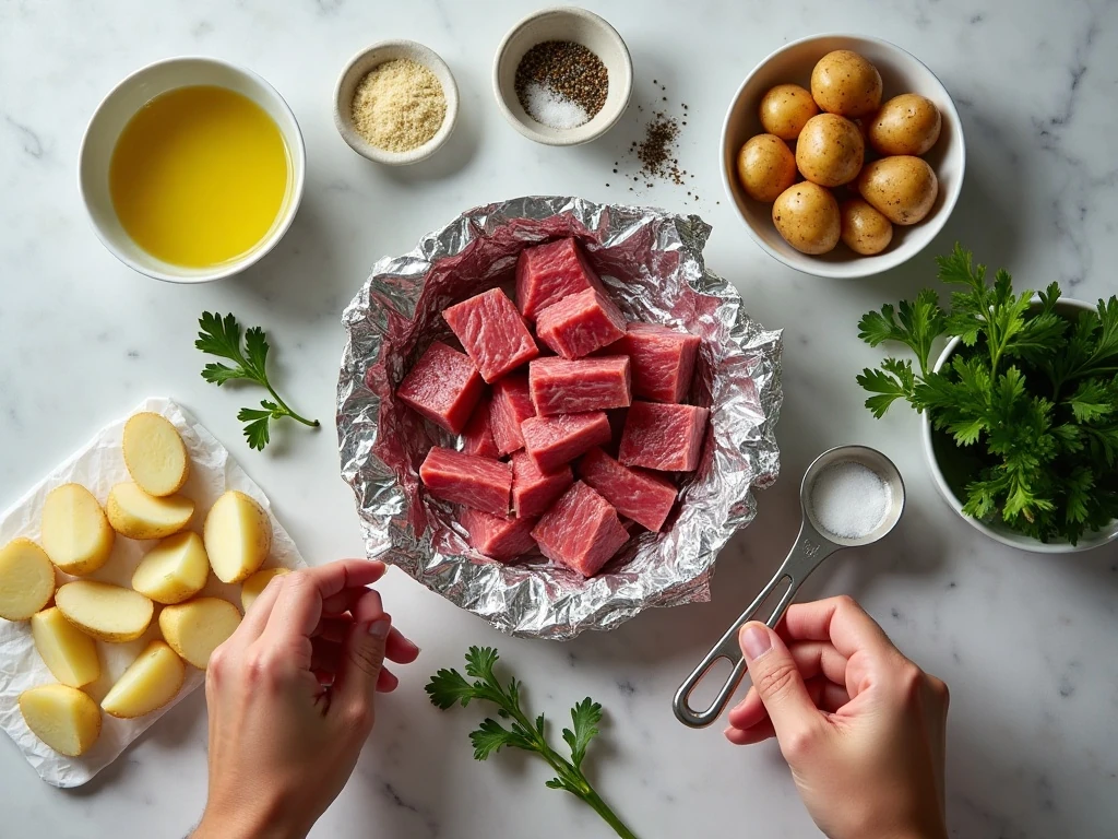 Ingredients for garlic steak and potato foil packs