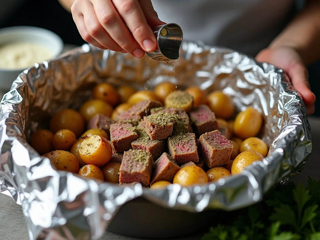 Steak and potatoes being seasoned before foil packets are assembled