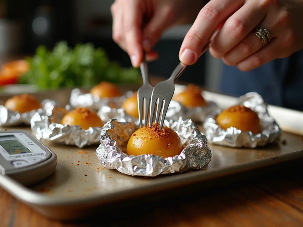 Checking potato tenderness and steak doneness in foil packs