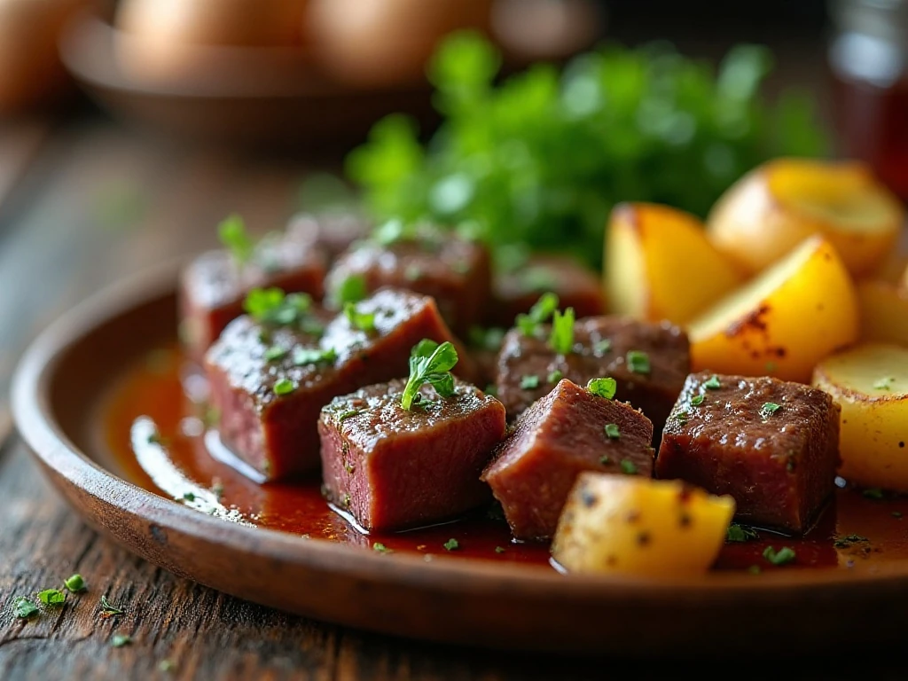 Fresh parsley garnishing garlic steak and potatoes