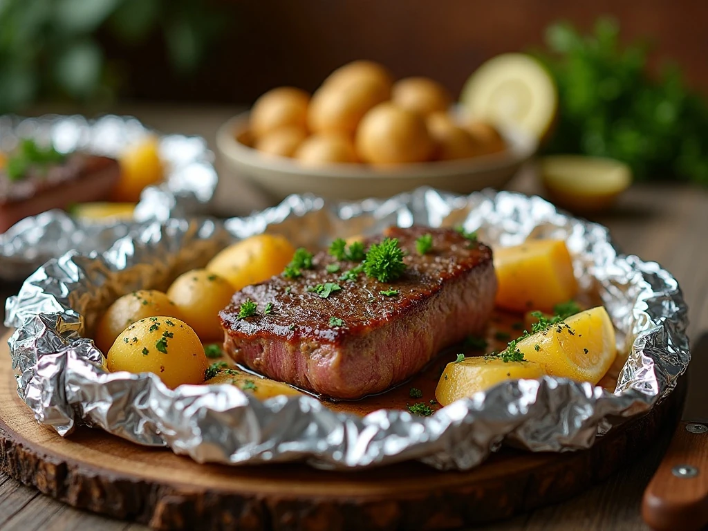 Garlic butter steak and potato foil packs ready for dinner