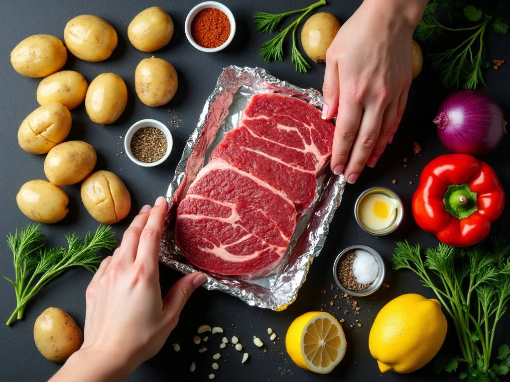 Ingredients for garlic butter steak and potato foil packs