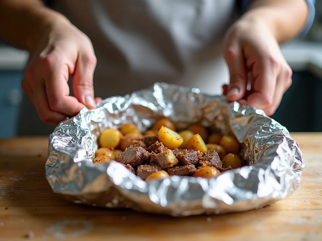 Assembling steak and potato foil packets