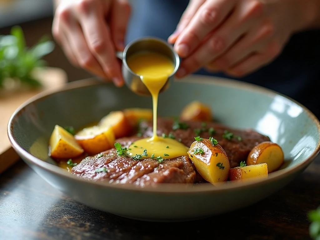 Steak and potatoes coated in garlic butter seasoning