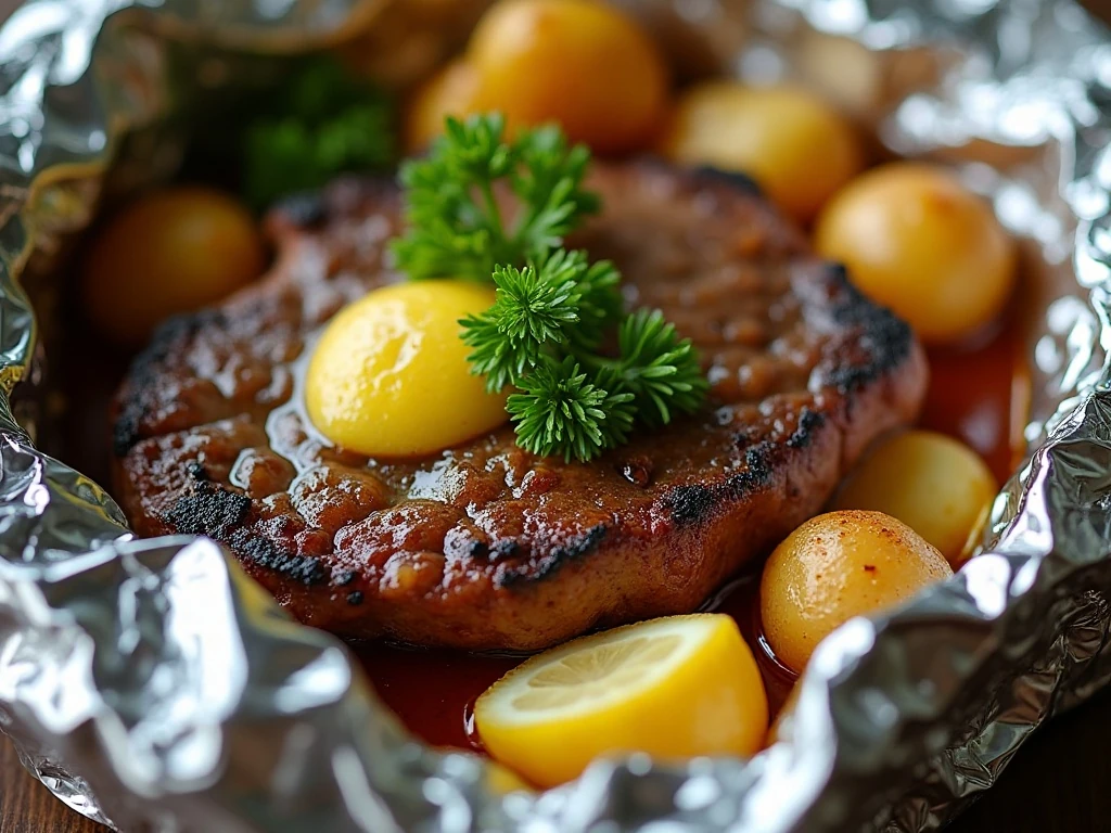 Close-up of finished garlic butter steak and potatoes