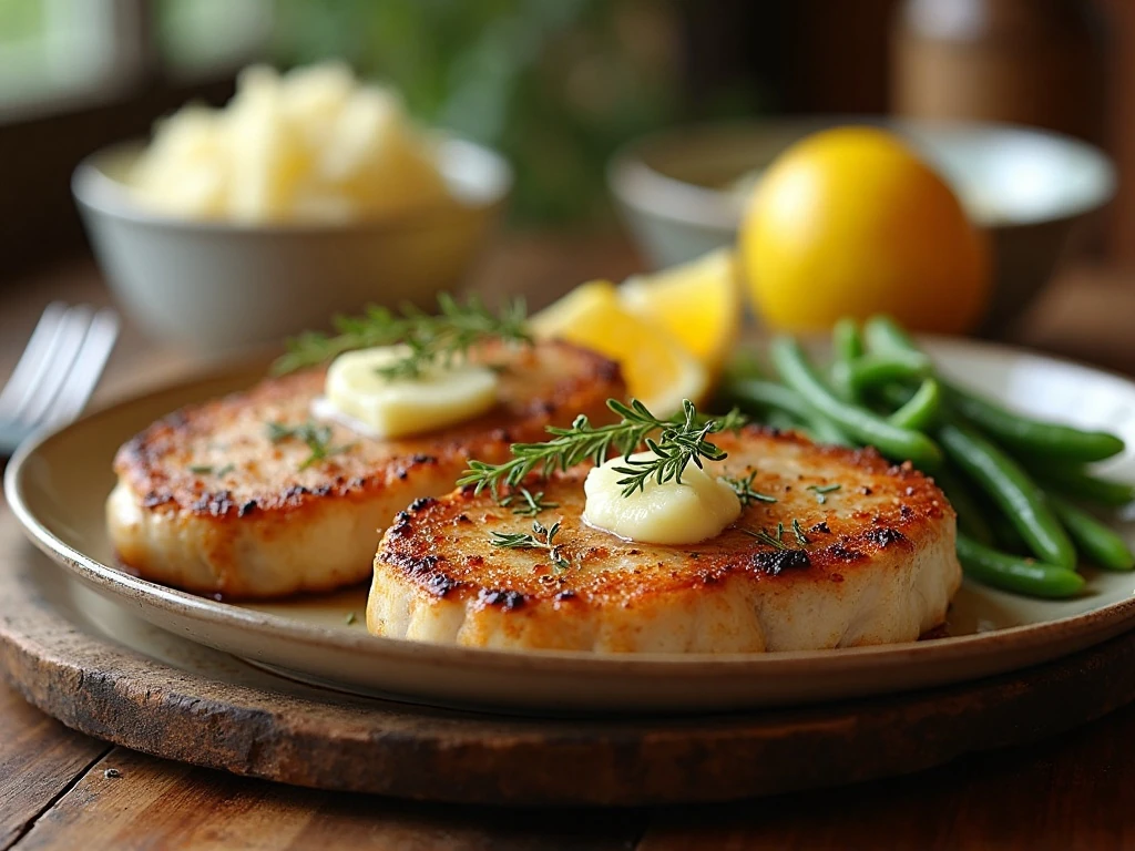 Golden garlic thyme pork chops served with vegetables and lemon