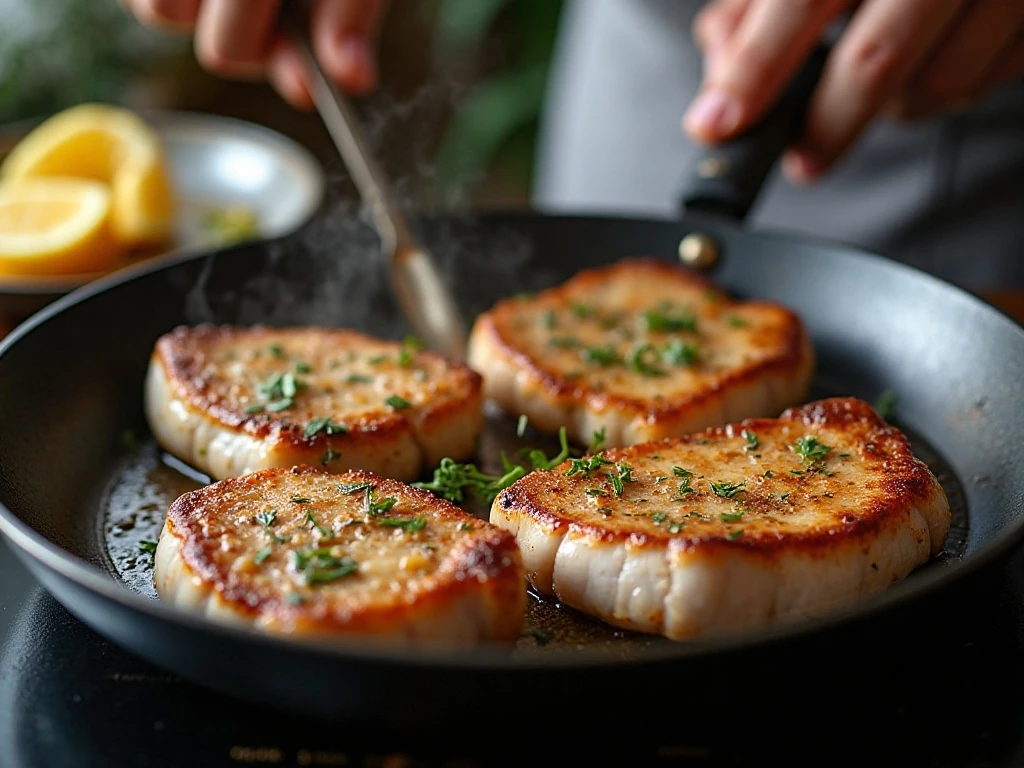 Pork chops searing with garlic butter and thyme in a skillet