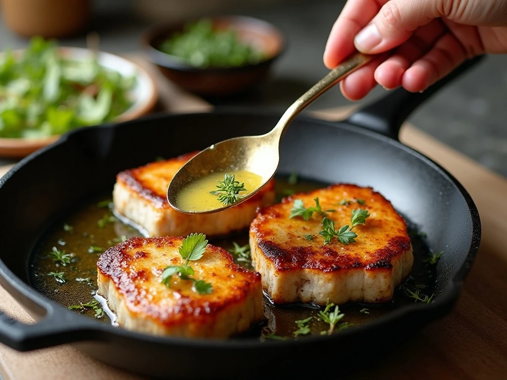 Basting pork chops with garlic thyme butter