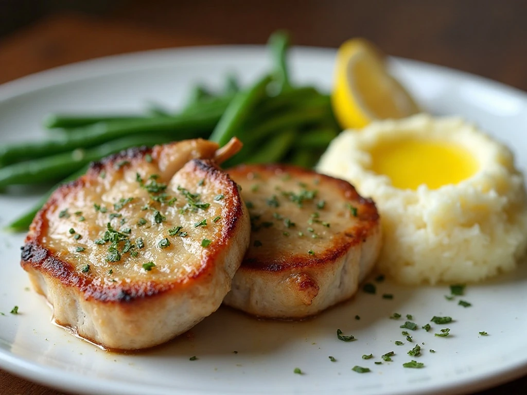 Garlic thyme pork chop dinner with mashed potatoes and green beans