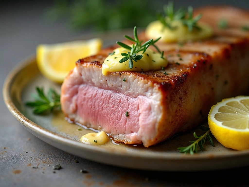 Juicy sliced pork chop with garlic butter and thyme