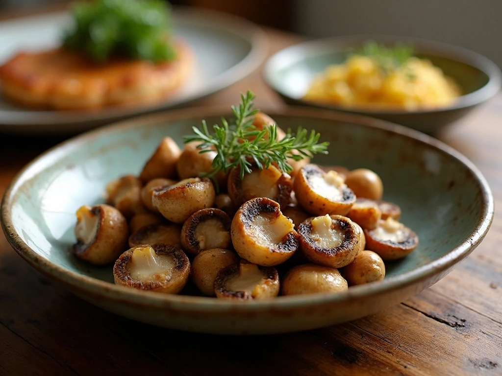 Golden garlic thyme roasted mushrooms served as a savory dinner side