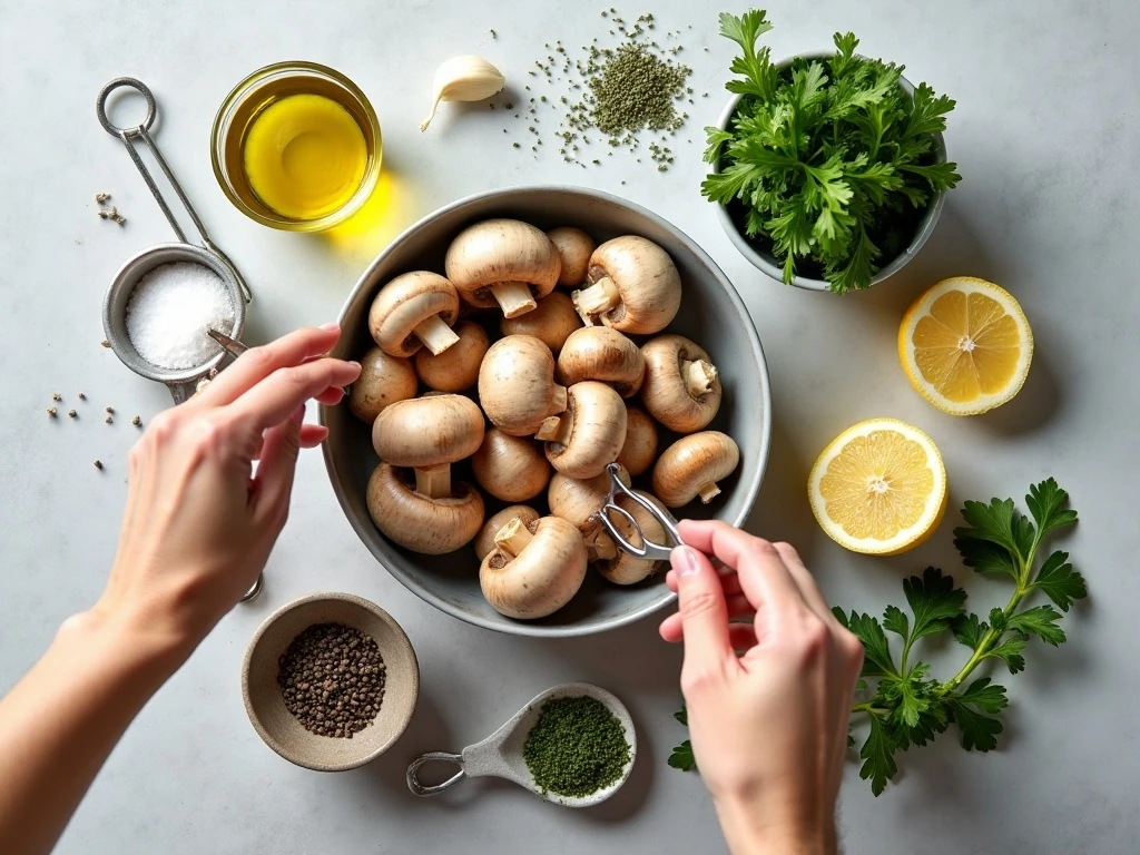 Ingredients for garlic thyme roasted mushrooms arranged for cooking