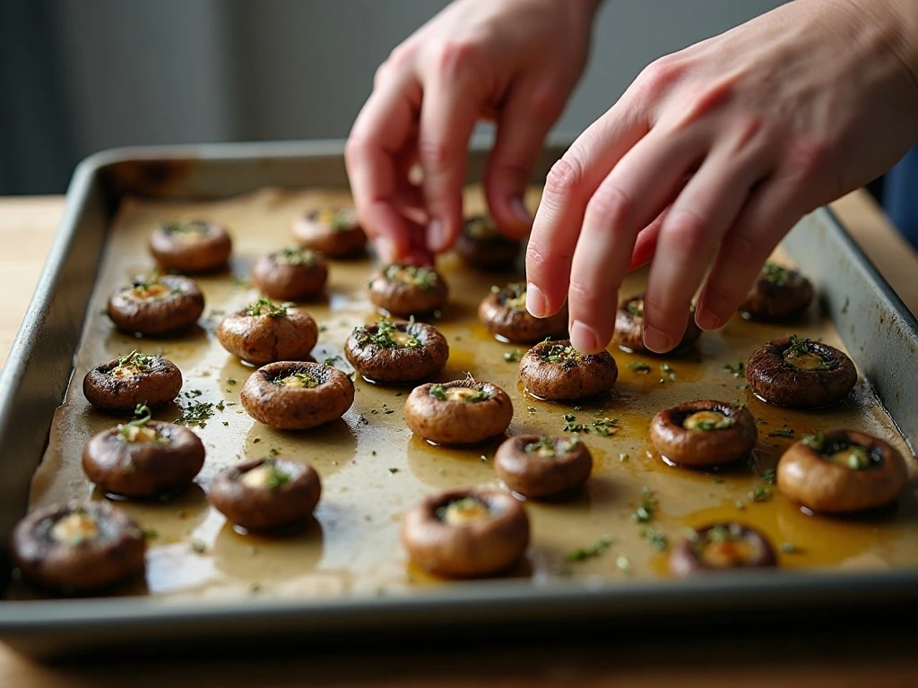Seasoned mushrooms spread in a single layer on a baking sheet