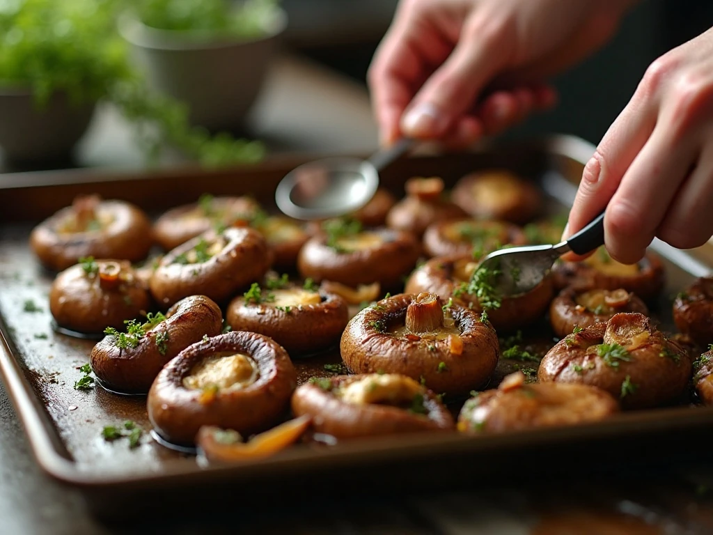 Browned mushrooms being stirred halfway through roasting
