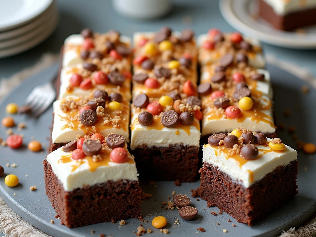 Chocolate candy bar poke cake squares topped with whipped topping and chopped candy bars