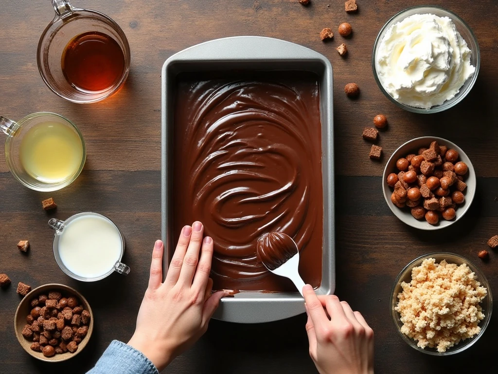 Ingredients for an easy chocolate candy bar poke cake