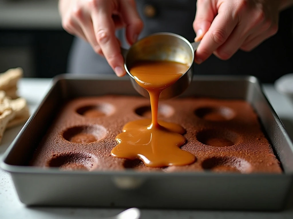 Pouring condensed milk and caramel into holes in a chocolate poke cake