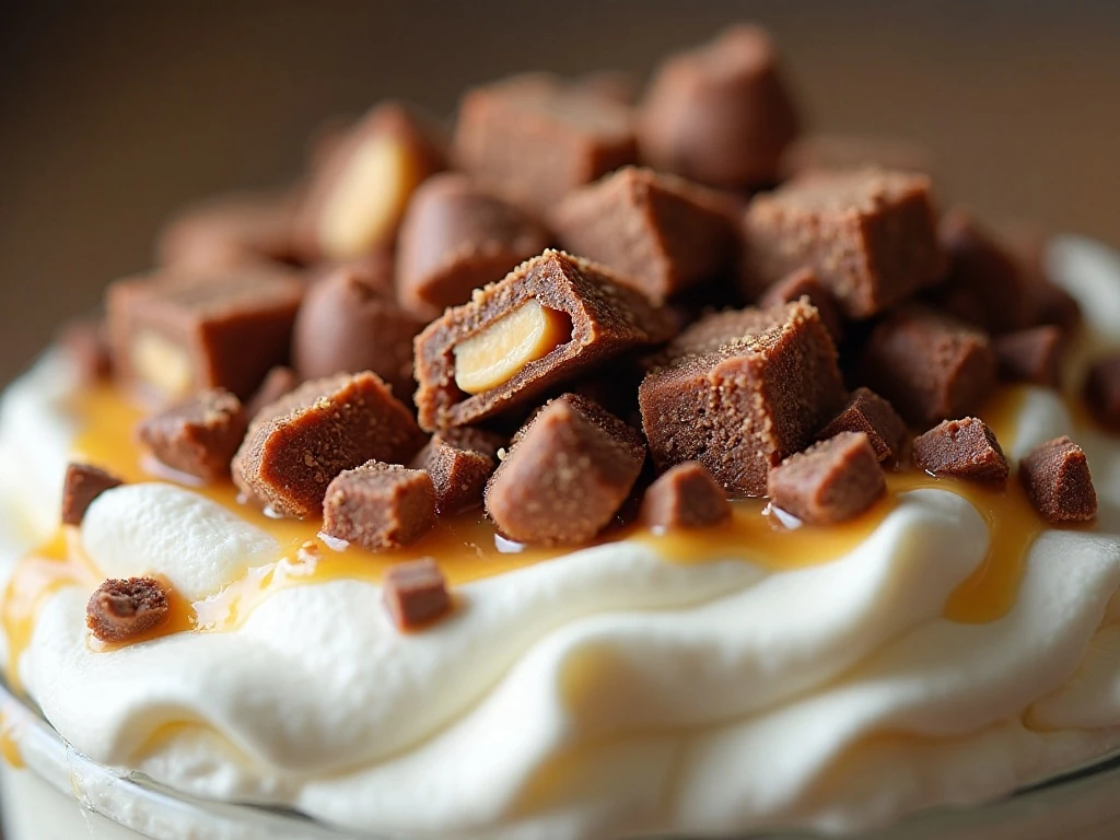 Chopped candy bar topping on whipped cream over caramel chocolate poke cake