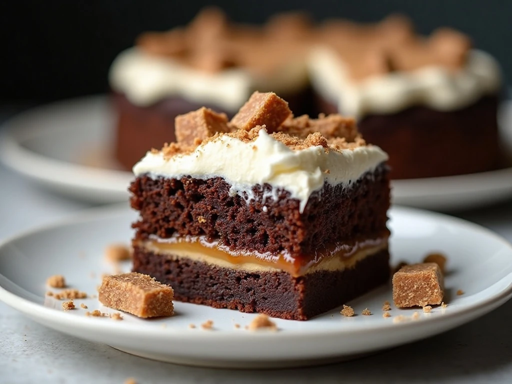 Chilled slice of caramel candy bar poke cake ready to serve