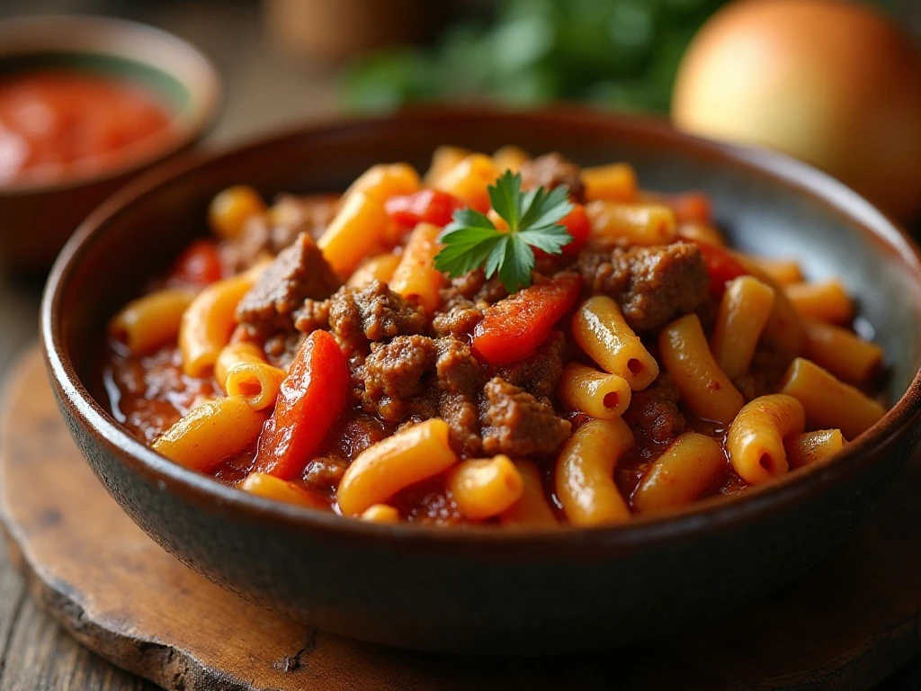 Bowl of hearty GB's Go-Go Goulash with beef, tomatoes, vegetables, and macaroni