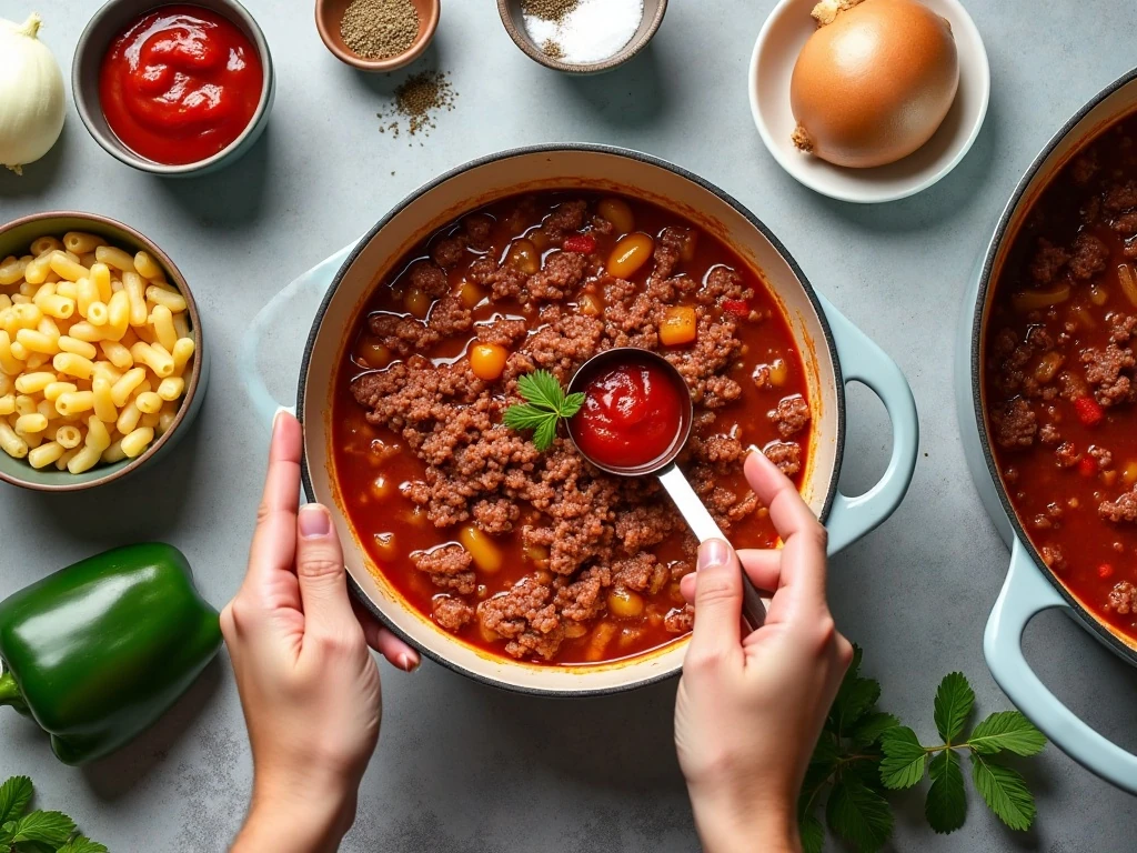 Ingredients for American-style GB's Go-Go Goulash arranged on a counter